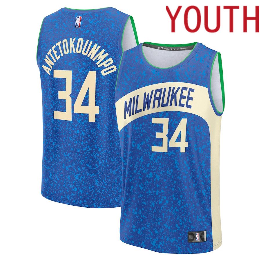 Youth Milwaukee Bucks #34 Giannis Antetokounmpo Fanatics Branded Royal City Edition 2023-24 Fast Break NBA Jersey